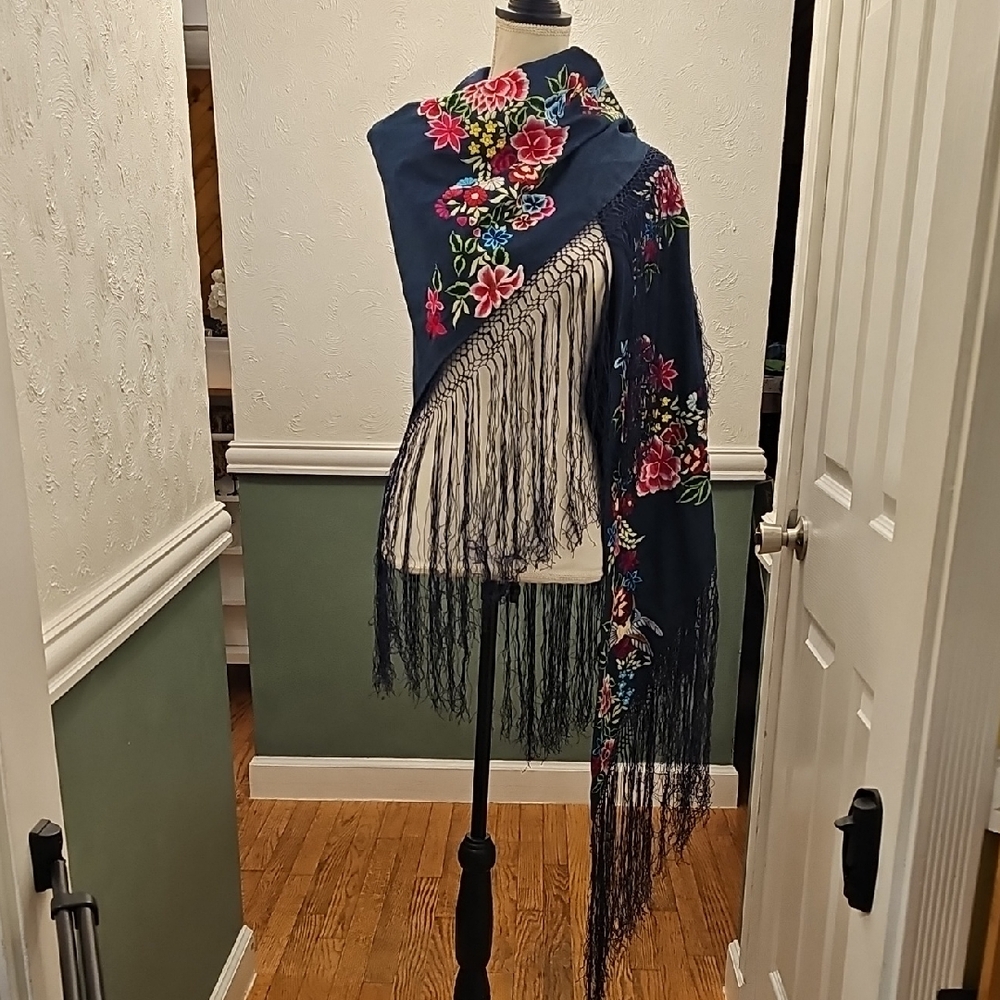 Adrienne Landau Floral Embroidered Denim Wrap Shaw With Hummingbirds & Fringe